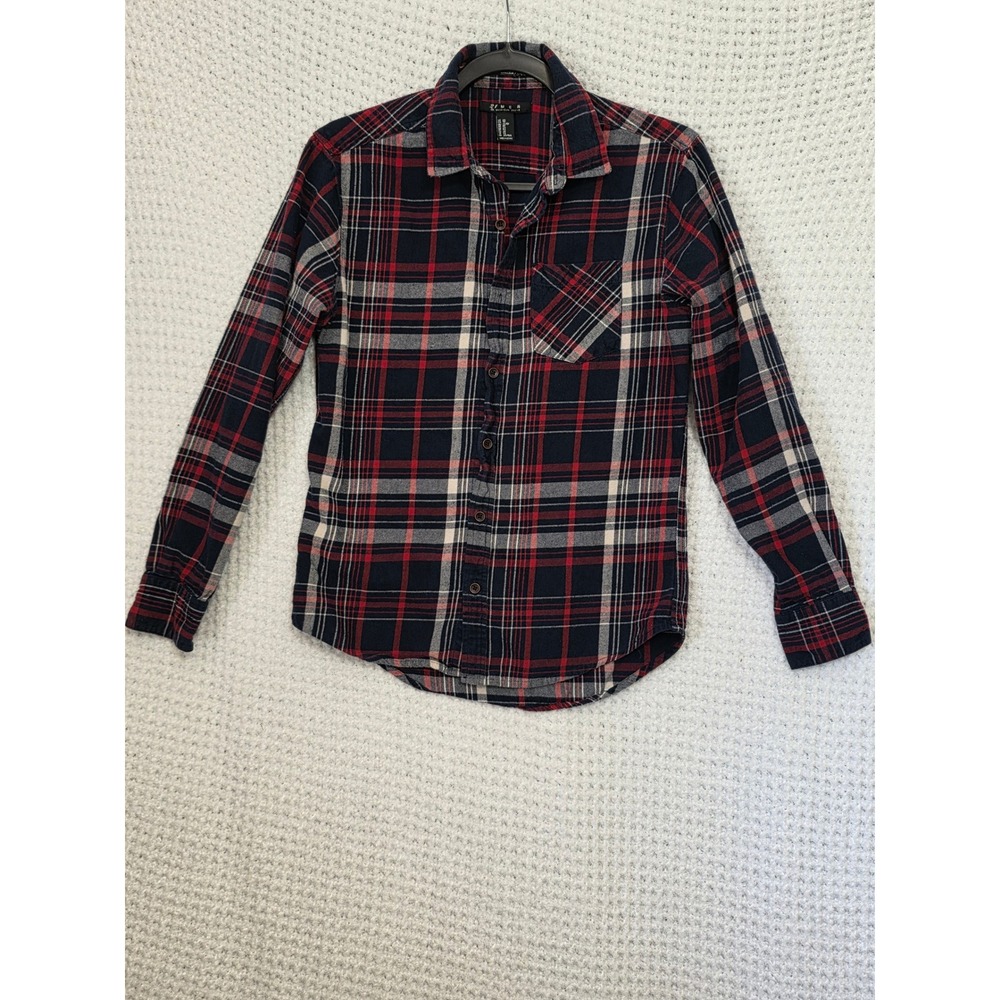 21 Men Plaid Flannel Long Sleeve‎ Button Up Shirt Navy Red White XS